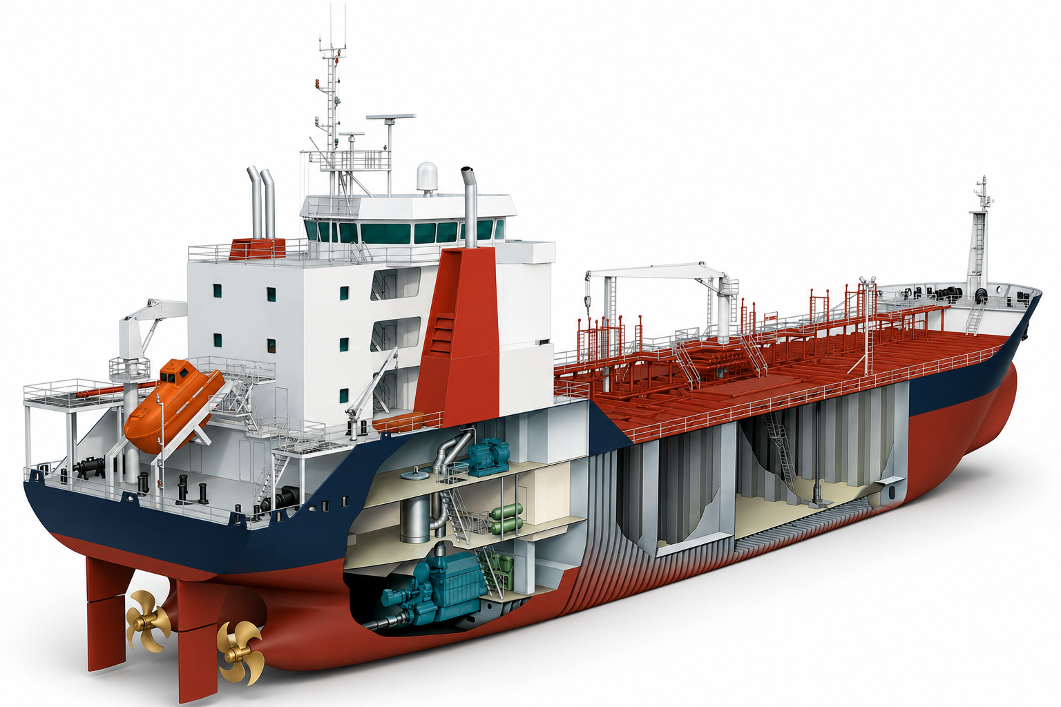 Cutaway technical diagram of a vessel showing engine room, propulsion, cargo holds and deck structure covered by South Harbour Shipping's one-stop technical services