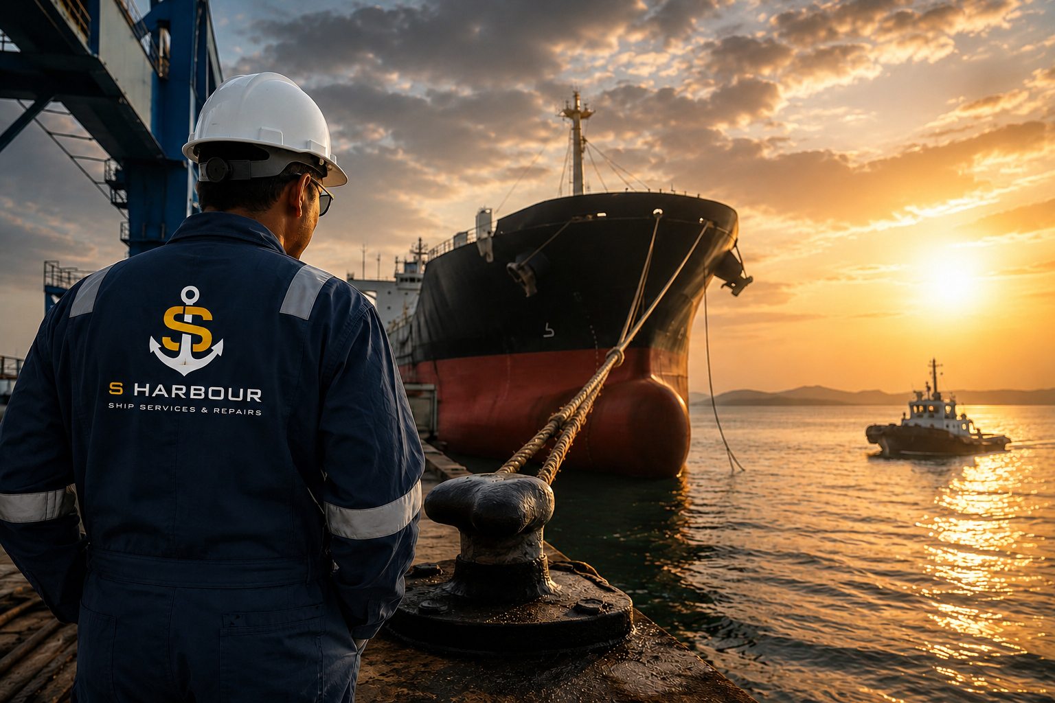 South Harbour Shipping crew member in branded coveralls dockside, watching a vessel being secured at sunset