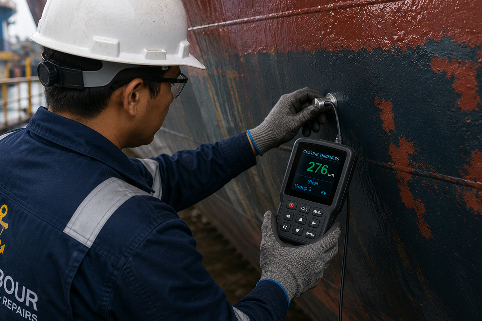 South Harbour Shipping surveyor inspecting a vessel's protective coating condition