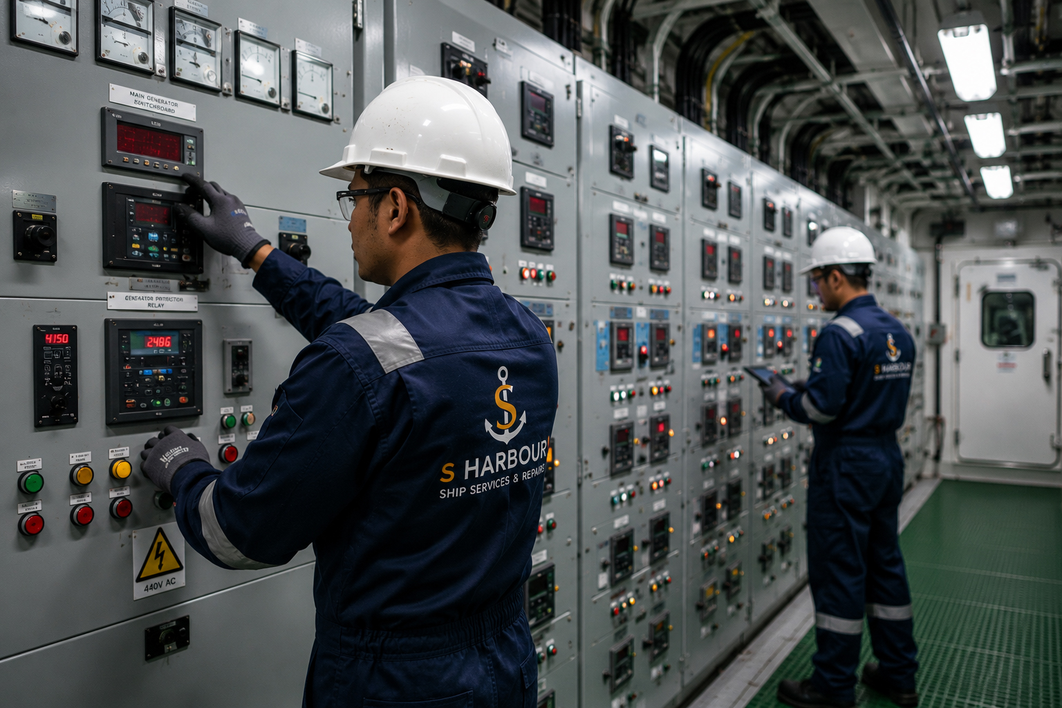 South Harbour Shipping engineers inspecting a vessel's main switchboard during an electrical system upgrade