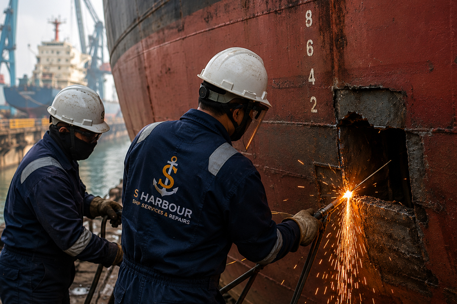 South Harbour Shipping technicians hot-work cutting a vessel's hull plating during an emergency repair in drydock