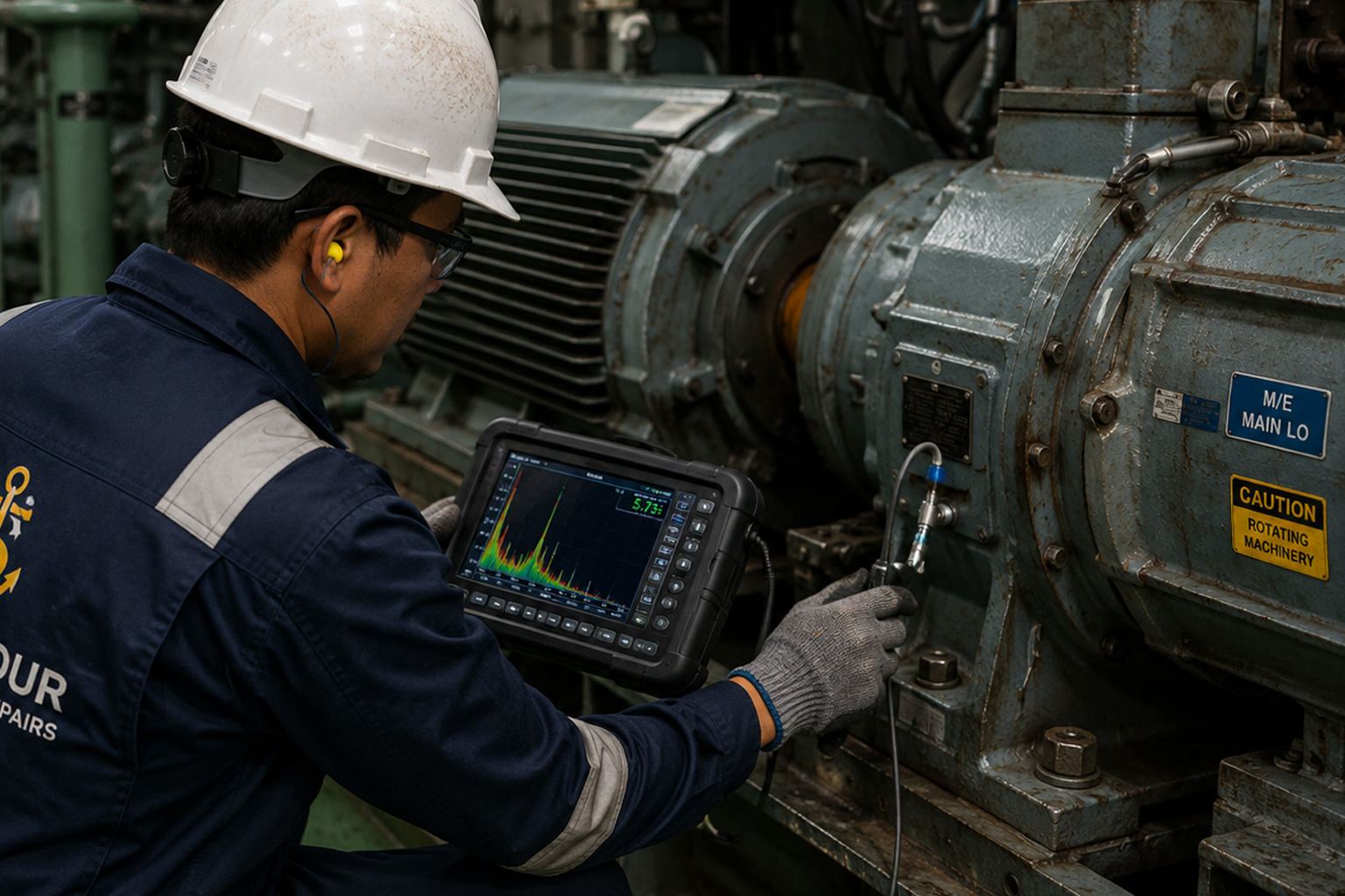 South Harbour Shipping technician performing machinery vibration analysis onboard a vessel