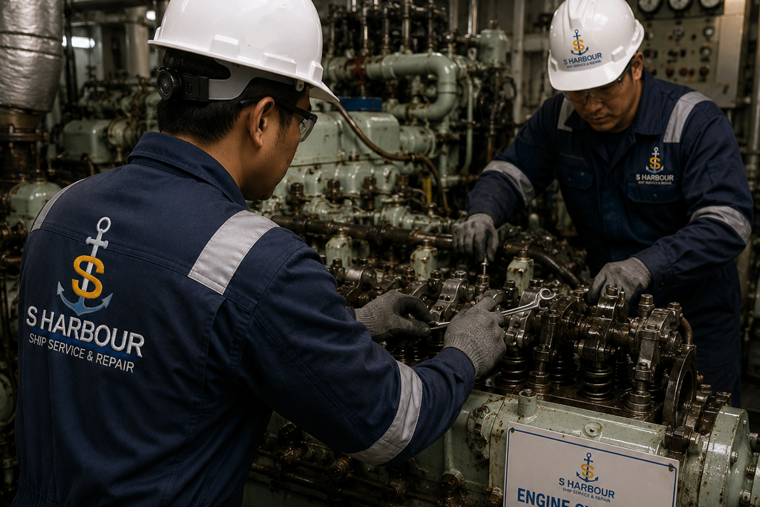 South Harbour Shipping engineers overhauling a vessel's main and auxiliary engines