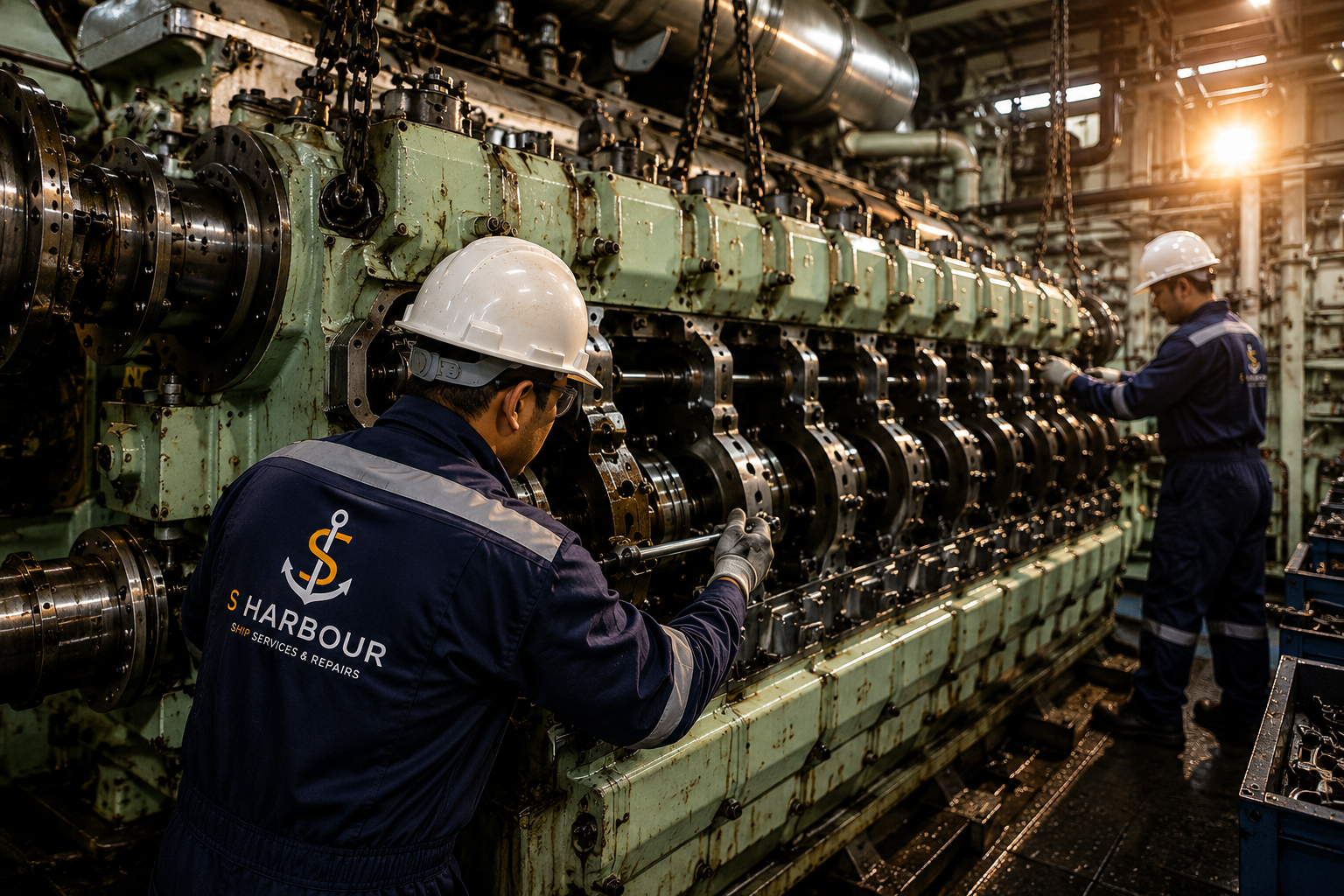 South Harbour Shipping engineers overhauling a marine main engine, inspecting cylinder units and crankshaft assembly