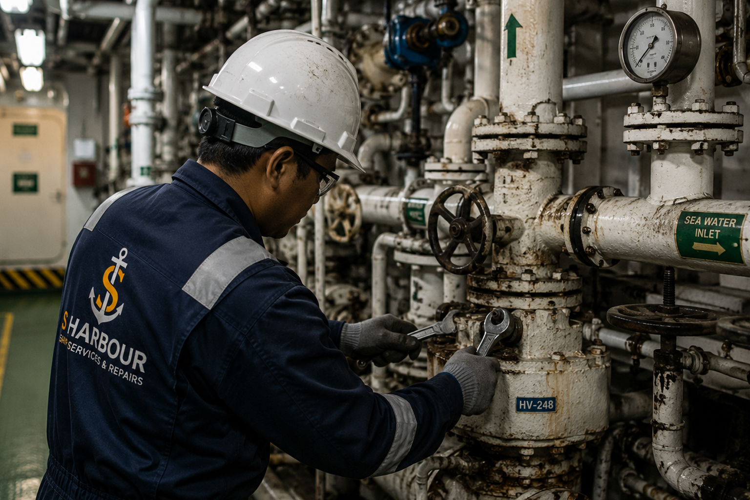 South Harbour Shipping technician inspecting shipboard piping and valve systems