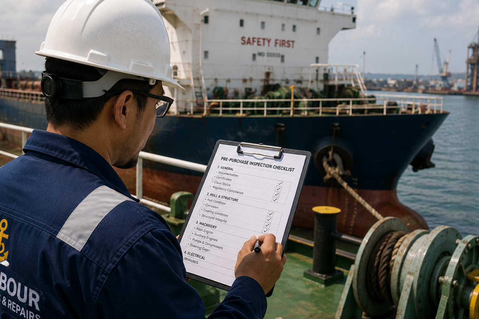 South Harbour Shipping inspector carrying out a pre-purchase vessel inspection