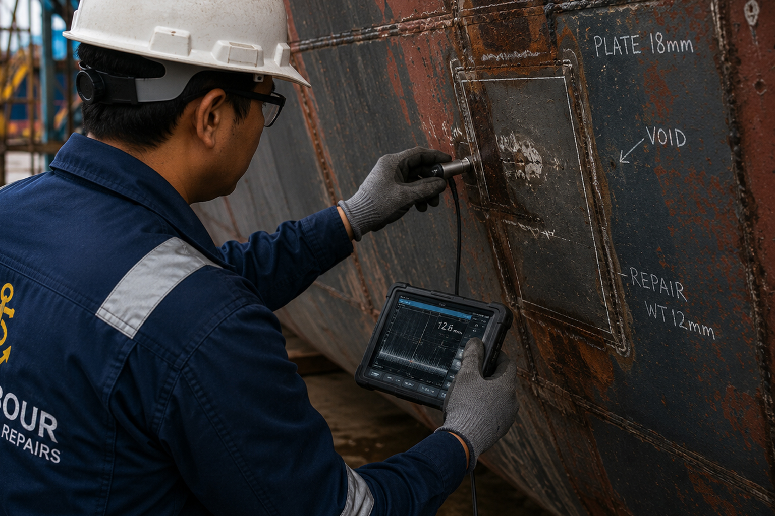 South Harbour Shipping surveyor conducting a structural steel inspection