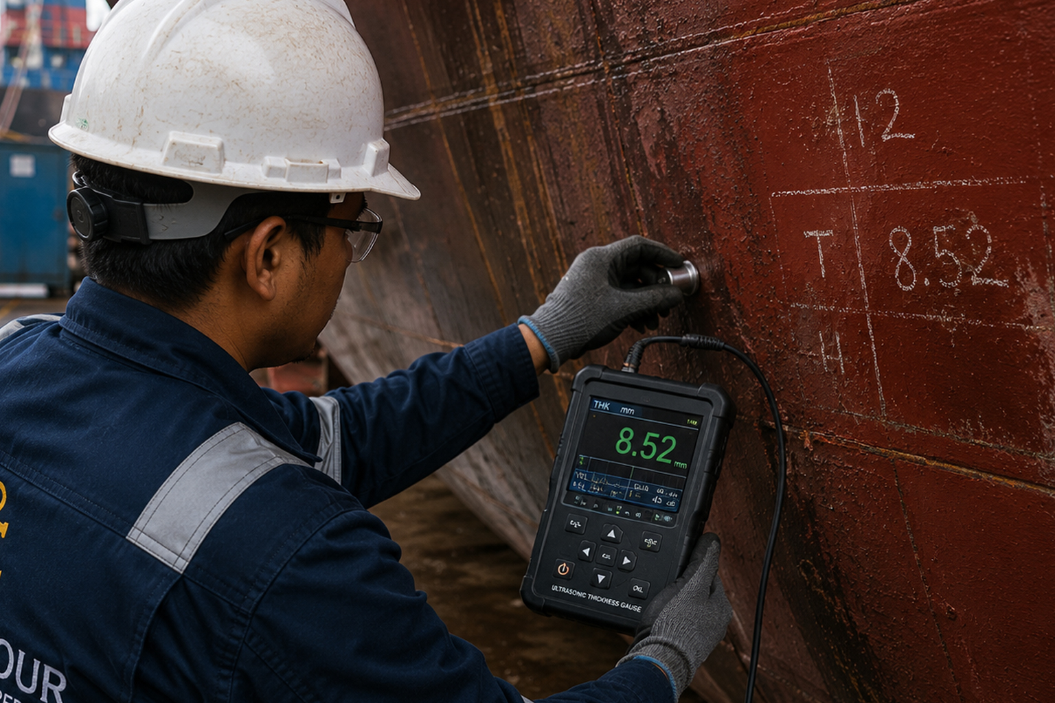 South Harbour Shipping technician performing ultrasonic thickness measurement on a vessel's hull